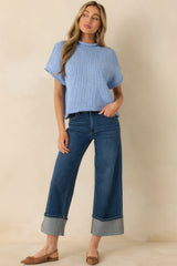 Have a Knack For It Light Blue Chunky Knit Cotton Short Sleeve Sweater