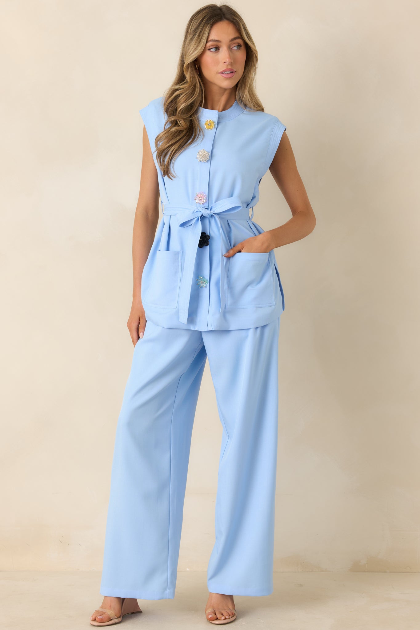 Details Make It Light Blue Statement Button-Front Belted Tunic Top