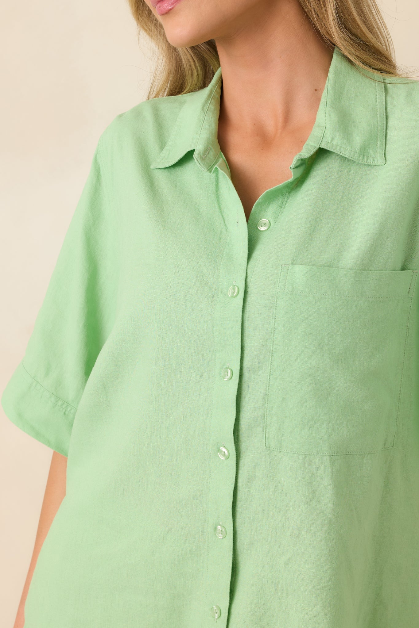 Z Supply Expedition Light Green Linen Blend Short Sleeve Button Down Top