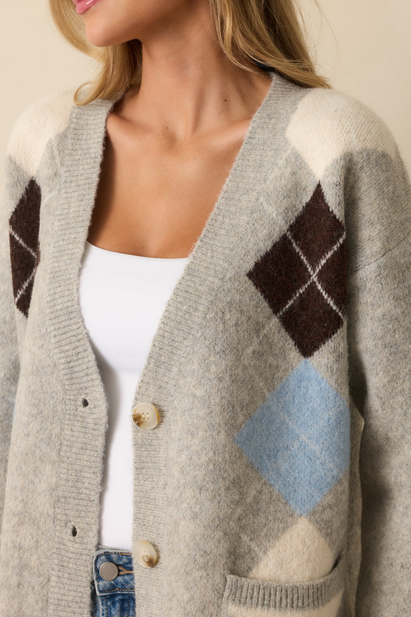 Make Some Room Light Grey Multi Argyle Knit Oversized Cardigan