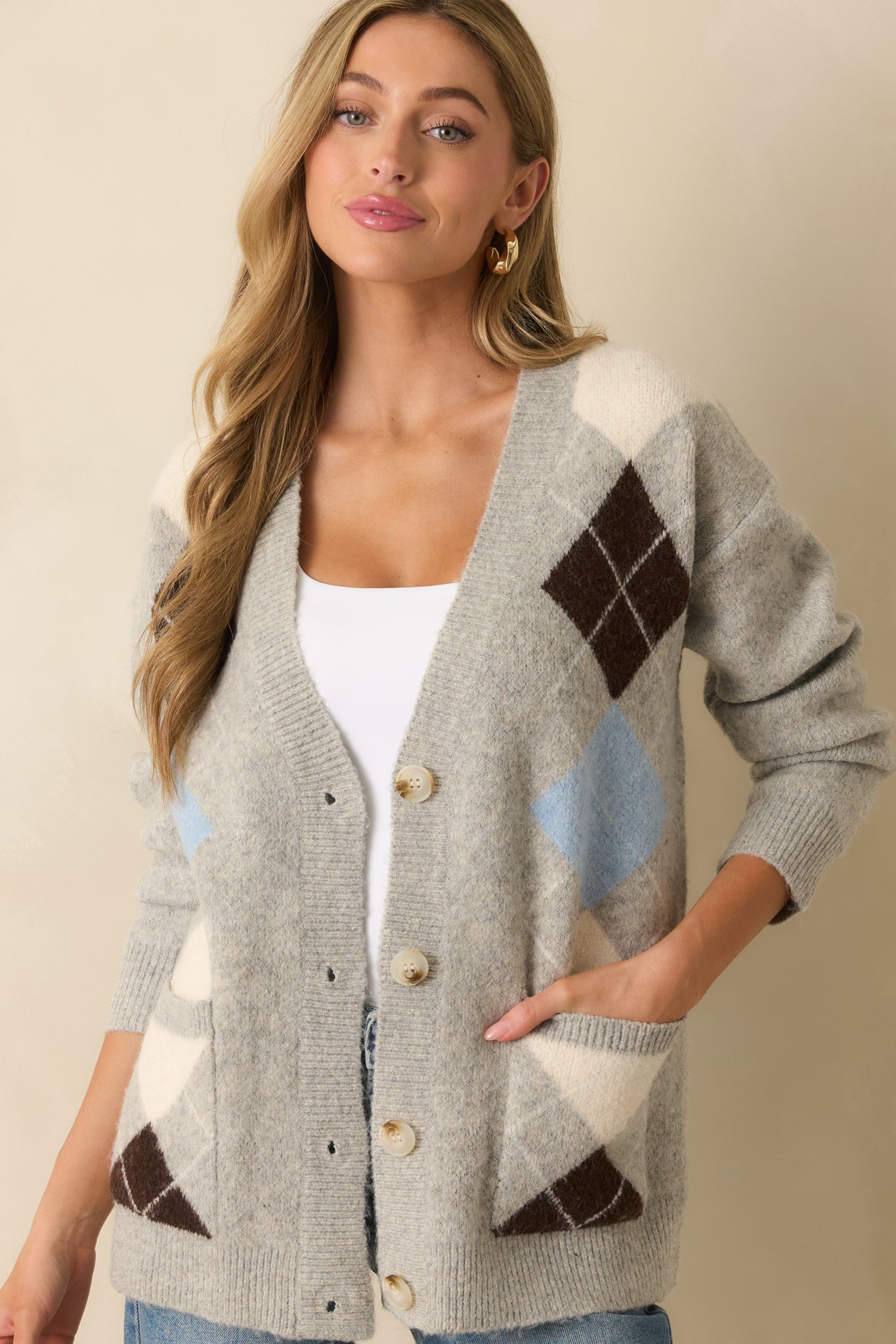 Make Some Room Light Grey Multi Argyle Knit Oversized Cardigan