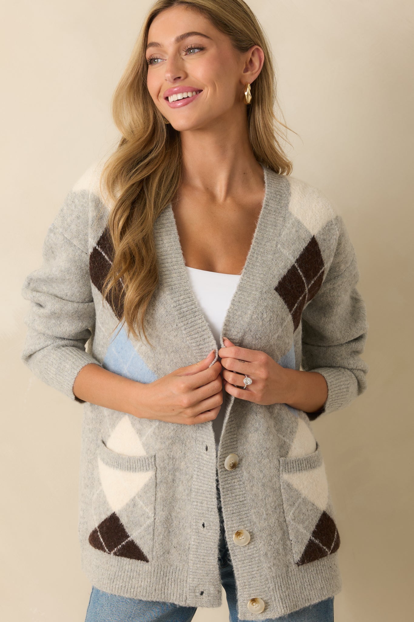 Make Some Room Light Grey Multi Argyle Knit Oversized Cardigan