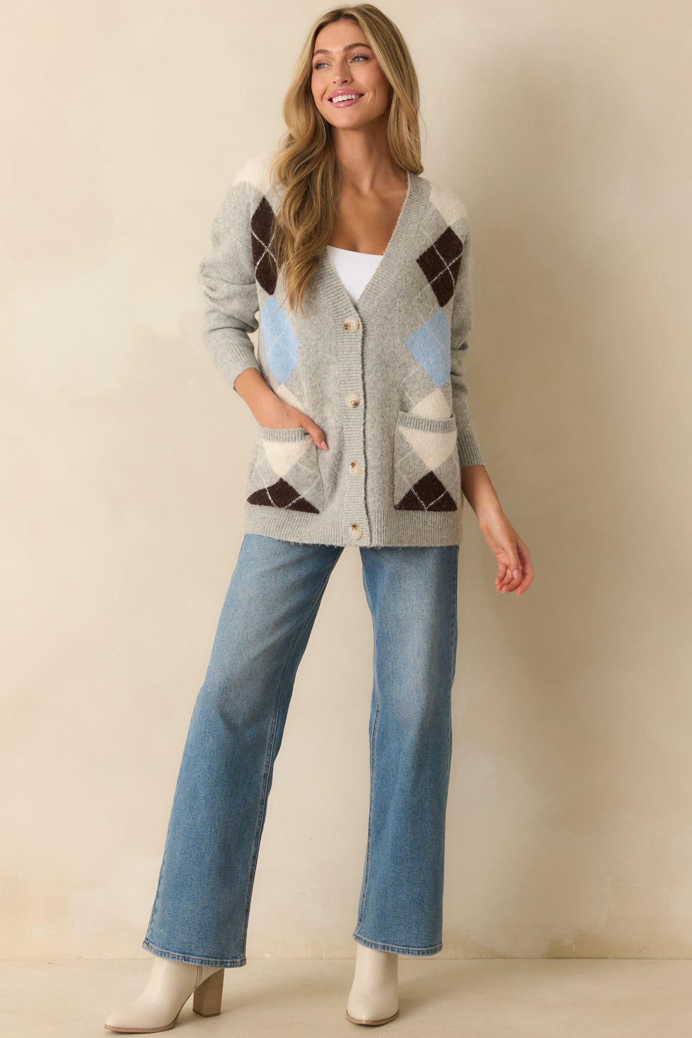 Make Some Room Light Grey Multi Argyle Knit Oversized Cardigan