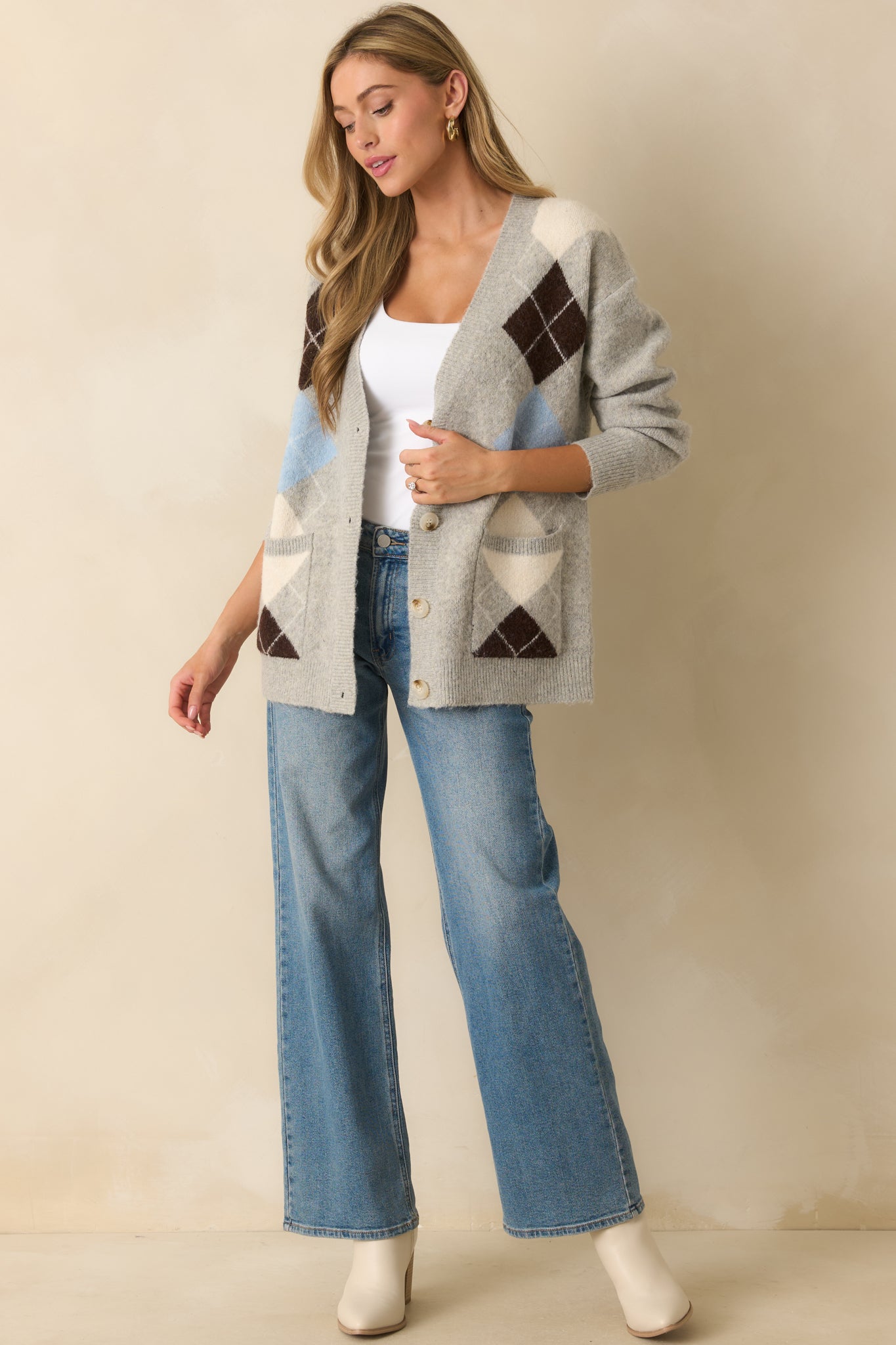 Make Some Room Light Grey Multi Argyle Knit Oversized Cardigan