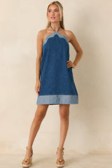 Off the Edge Light Indigo Cotton Denim Halter Mini Dress