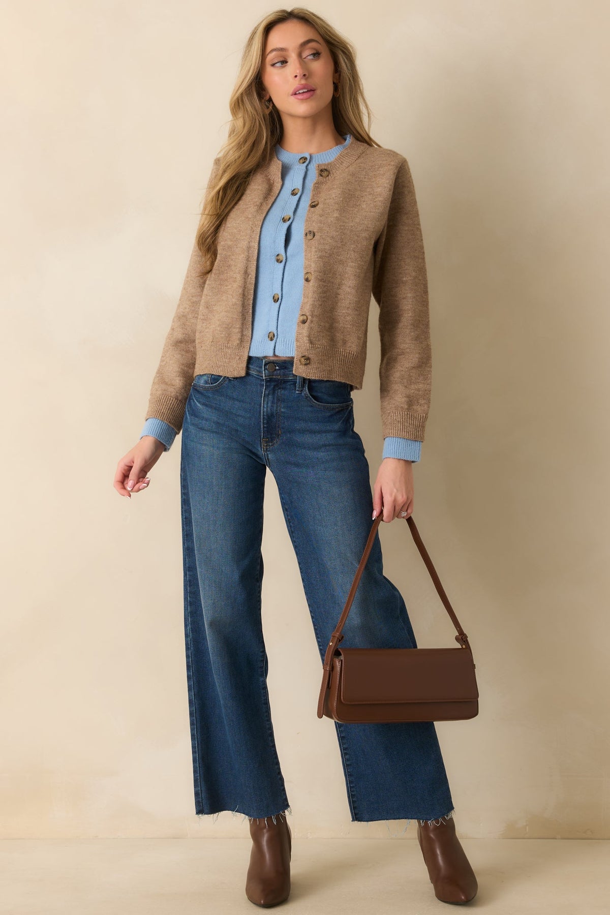 Let It All Unfold Light Mocha Faux Layered Button Front Knit Cardigan