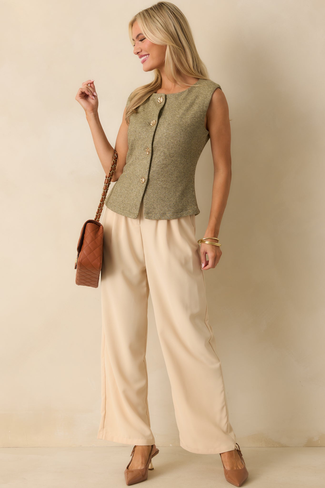 Matter Of Fact Light Olive Green Button Up Knit Sweater Vest