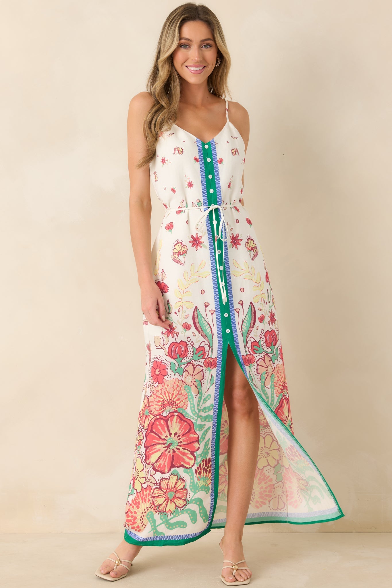 Floral Fantasy Green & Coral Pink Floral Maxi Dress
