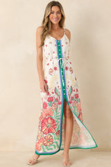 Floral Fantasy Green & Coral Pink Floral Maxi Dress