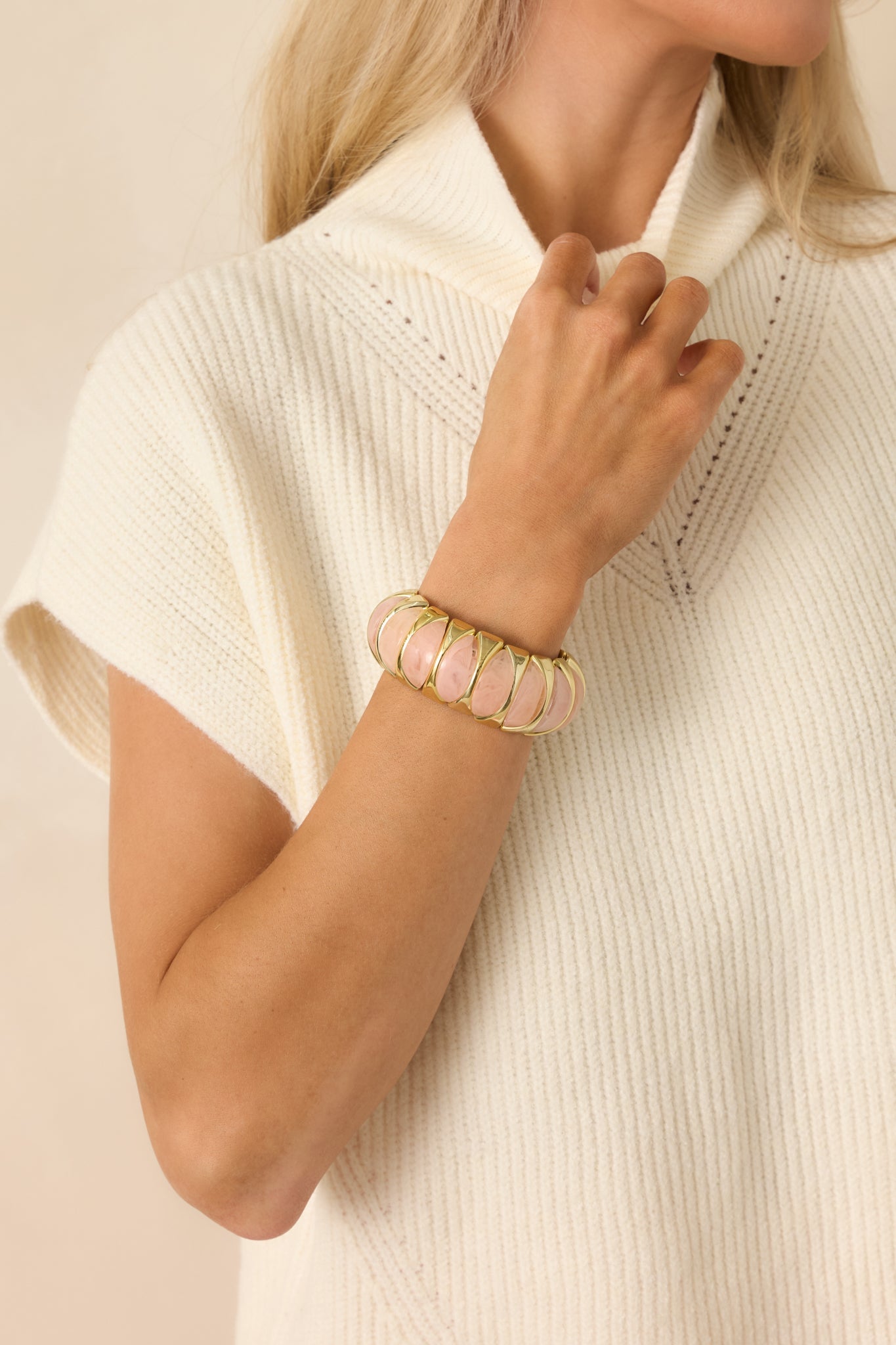 Hold On Gently Light Pink & Gold Sculptural Bead Stretch Bracelet