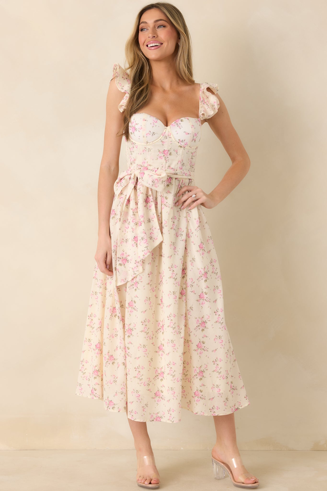 Gabrielle Light Pink Floral Cotton Bustier Midi Dress