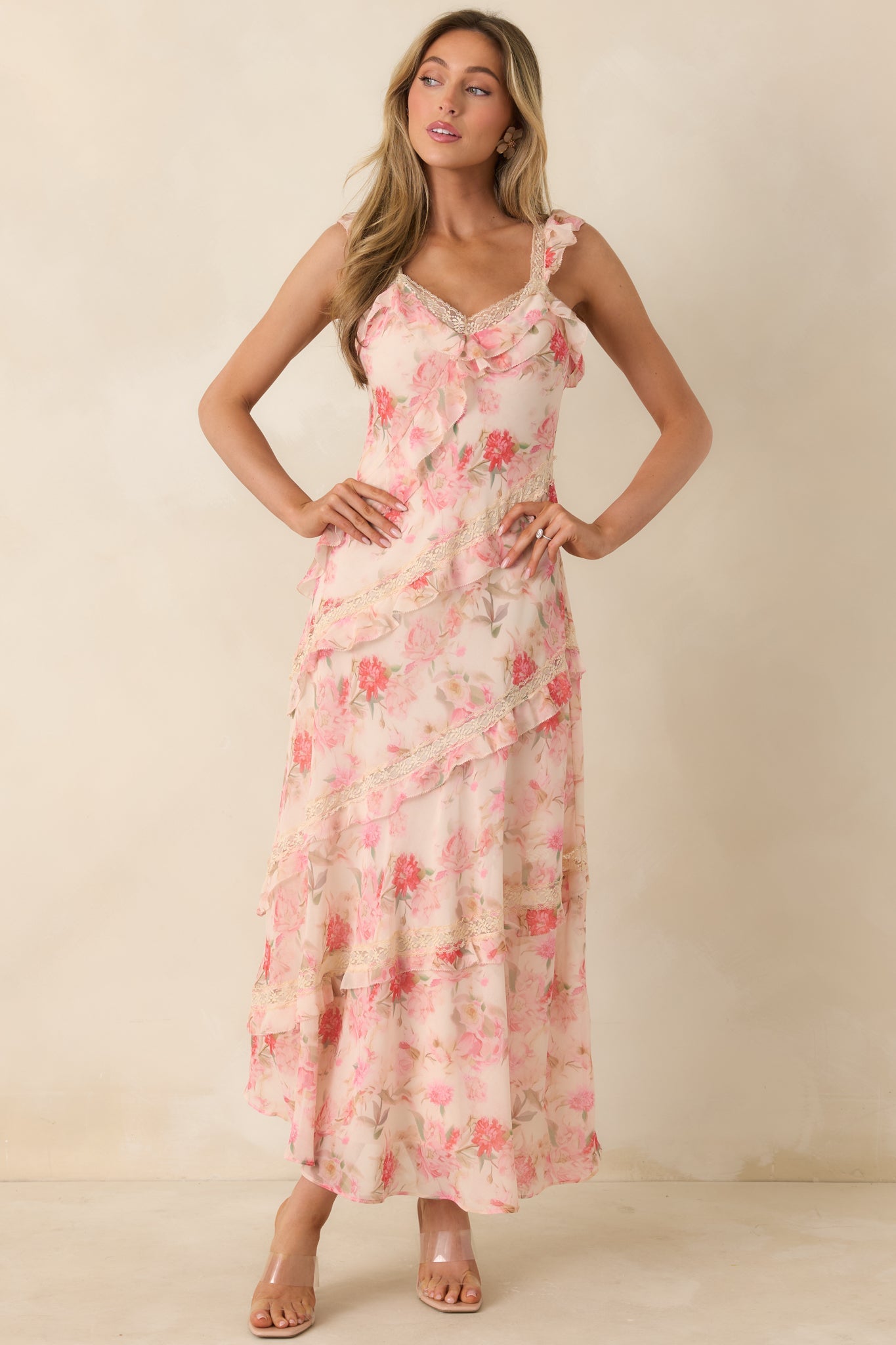 Yours Always Coral Pink Floral Lace & Ruffle Trim Midi Dress