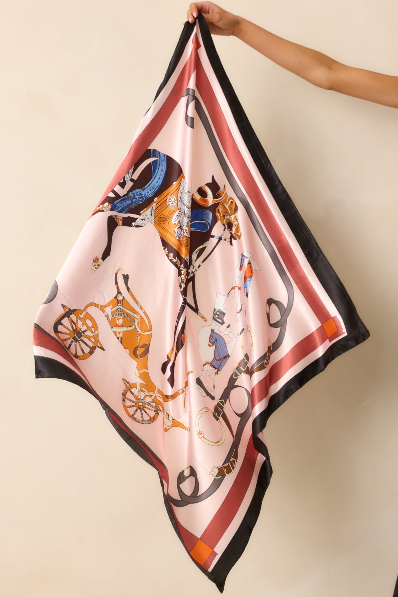 Holding The Reins Light Pink Multi Equestrian Print Satin Scarf