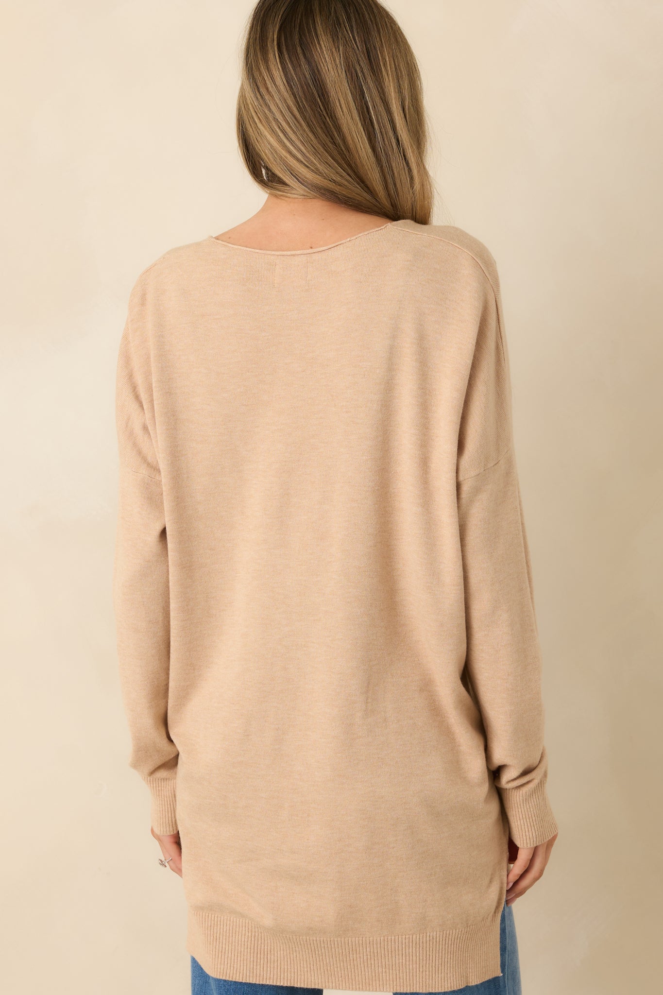 Wind Down Light Taupe Knit Long Sleeve V-Neck Sweater