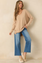 Wind Down Light Taupe Knit Long Sleeve V-Neck Sweater