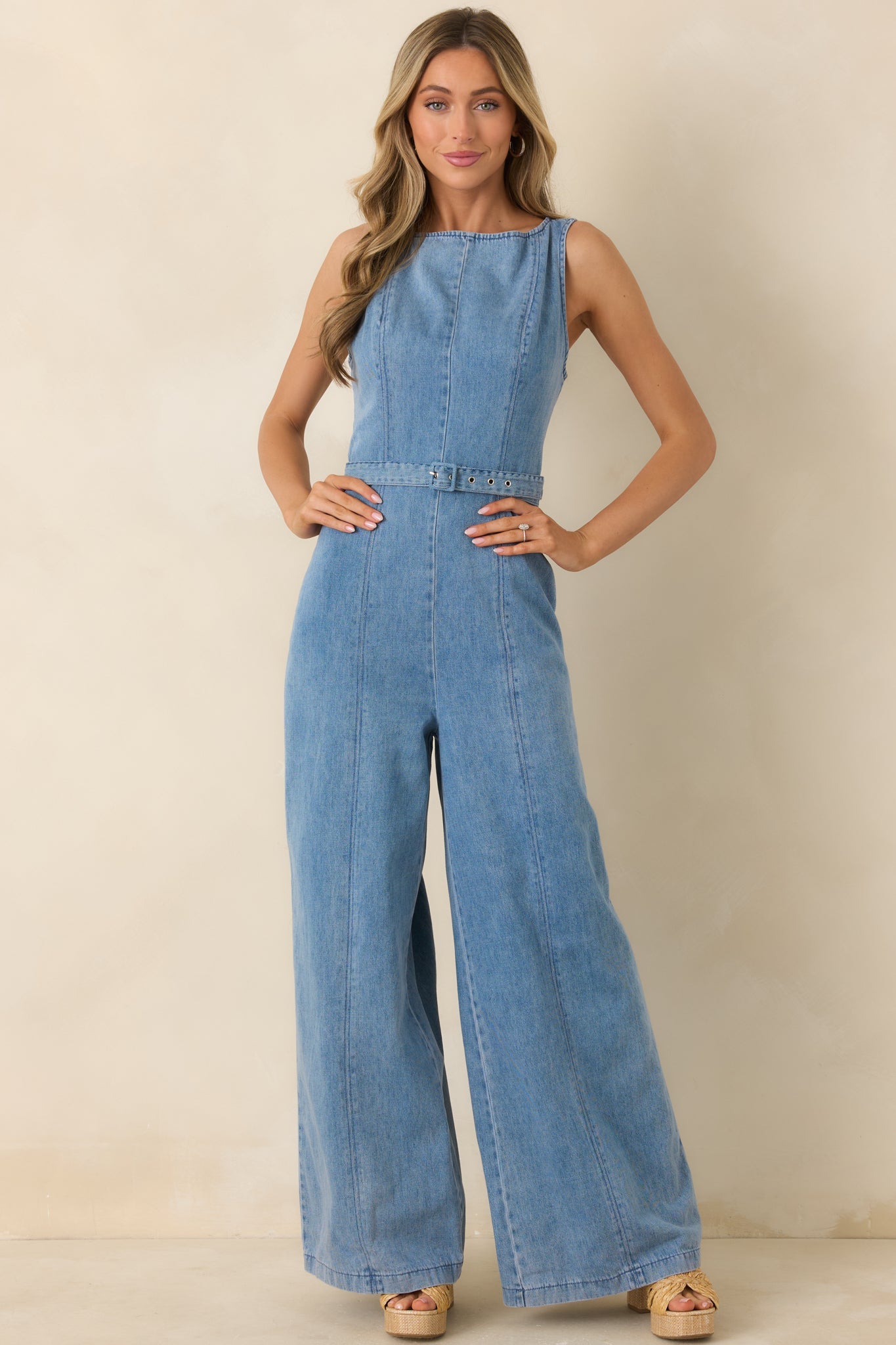 Smooth Operator Light Wash Cotton Denim Sleeveless Jumpsuit
