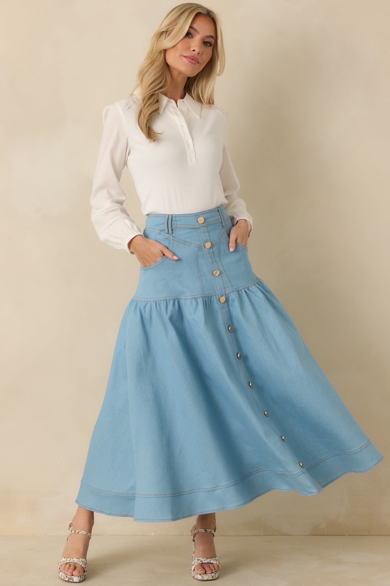 Town & Country Light Wash Denim Button-Down Maxi Skirt
