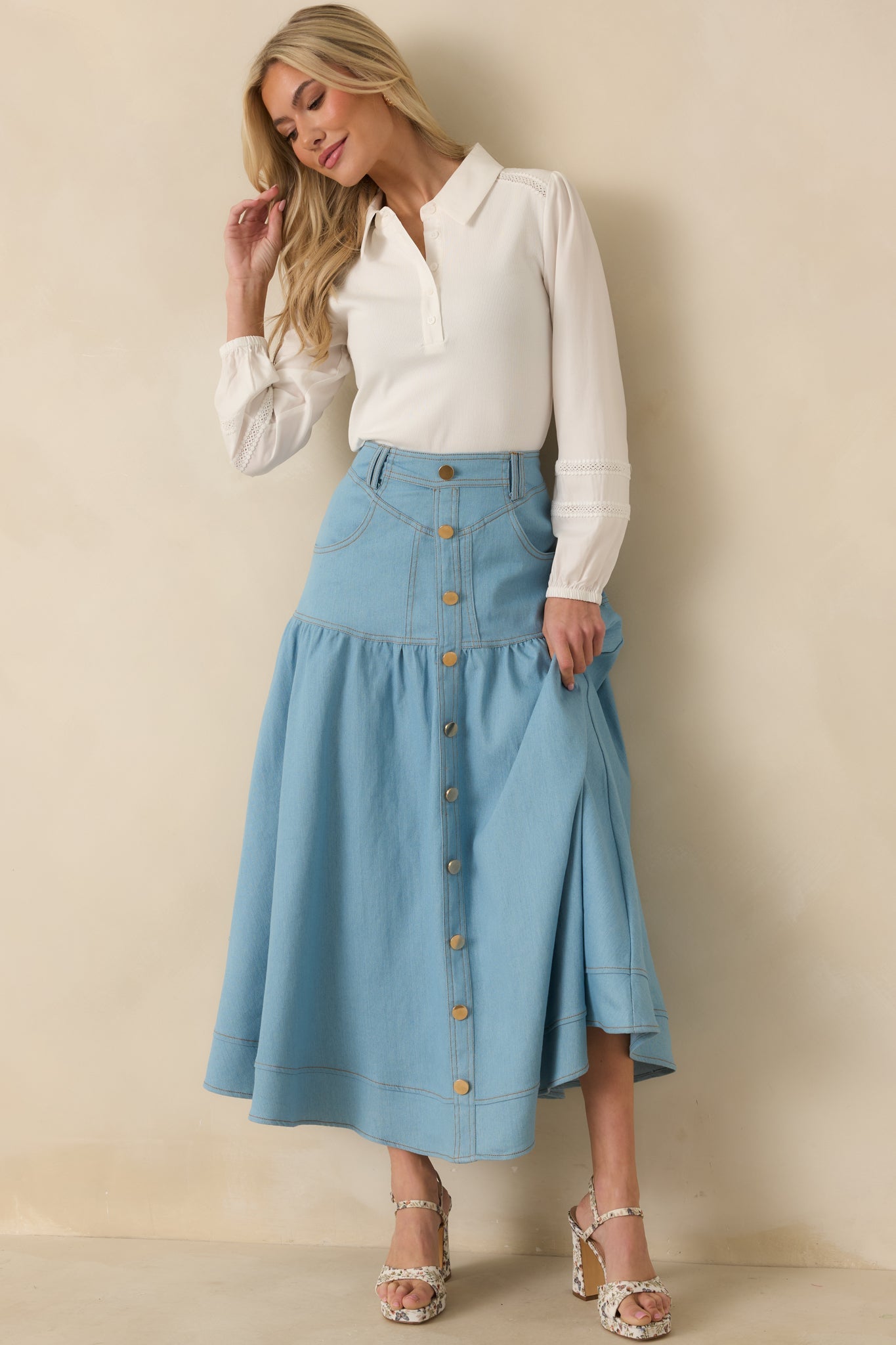 Town & Country Light Wash Denim Button-Down Maxi Skirt