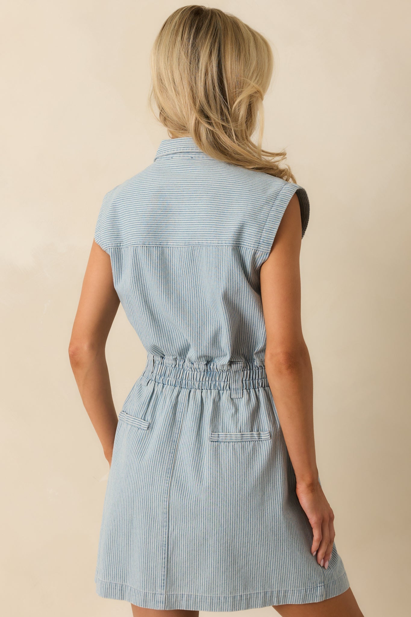 The Better Way Light Wash Pinstripe Cotton Denim Mini Dress