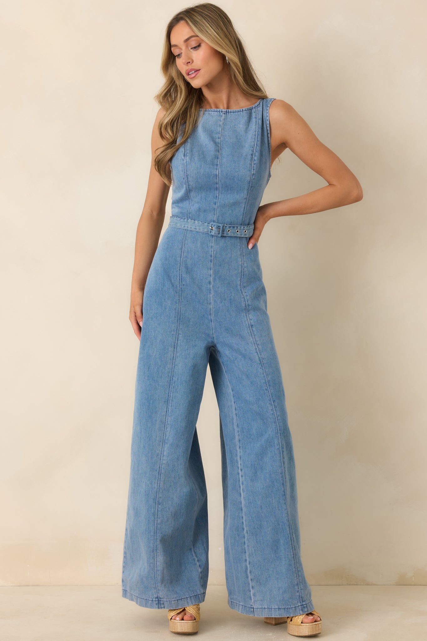 Smooth Operator Light Wash Cotton Denim Sleeveless Jumpsuit