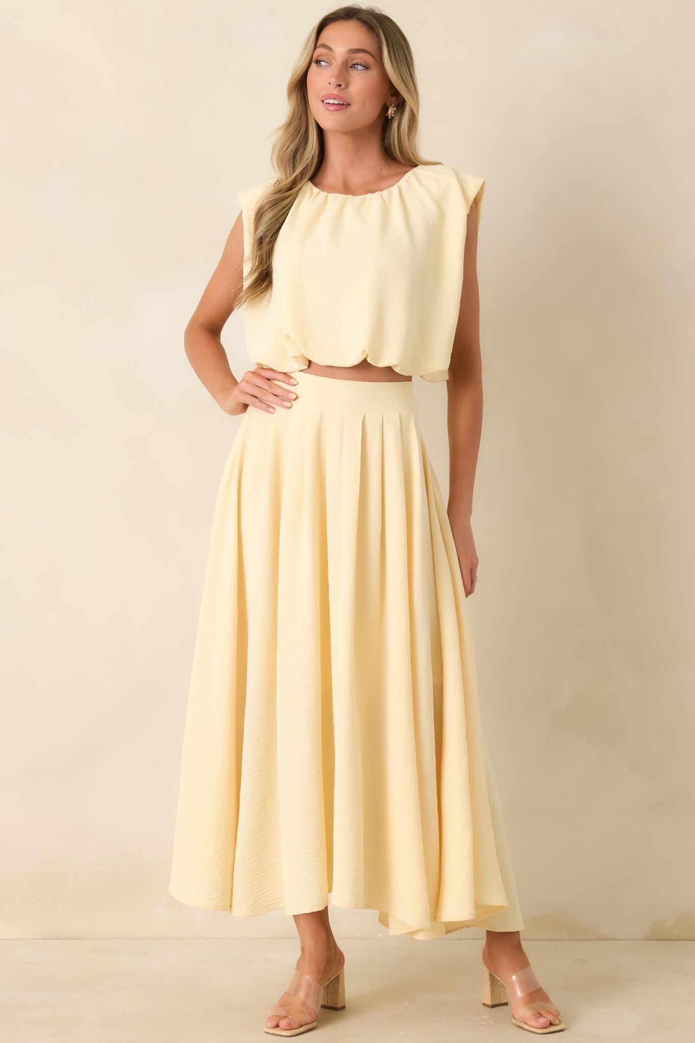 Ebb and Flow Light Yellow Curved Hem Maxi Skirt