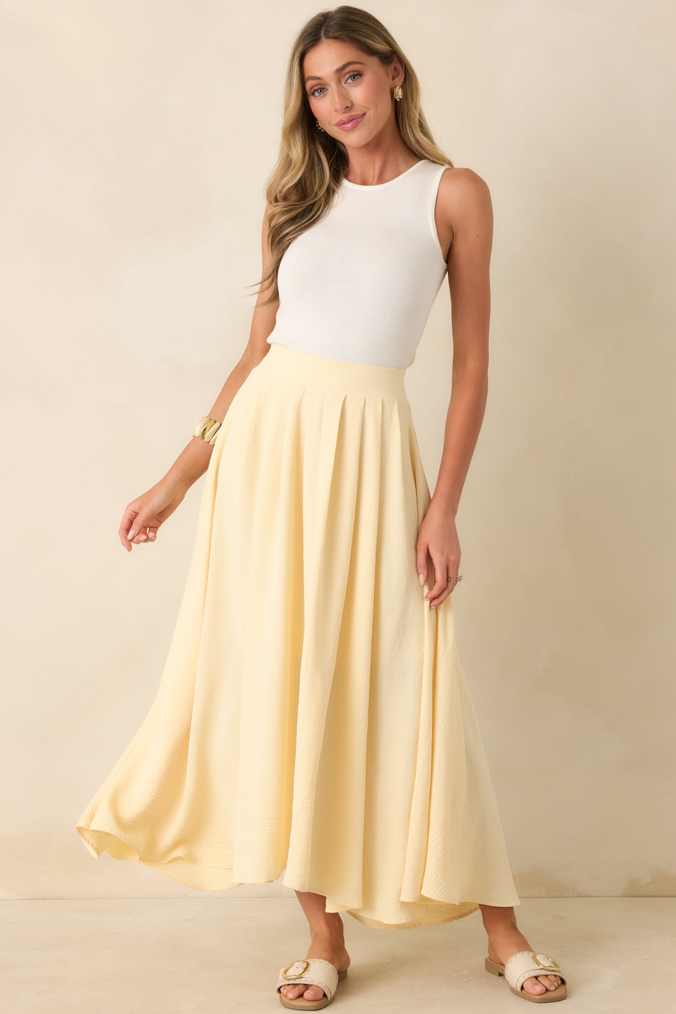 Ebb and Flow Light Yellow Curved Hem Maxi Skirt