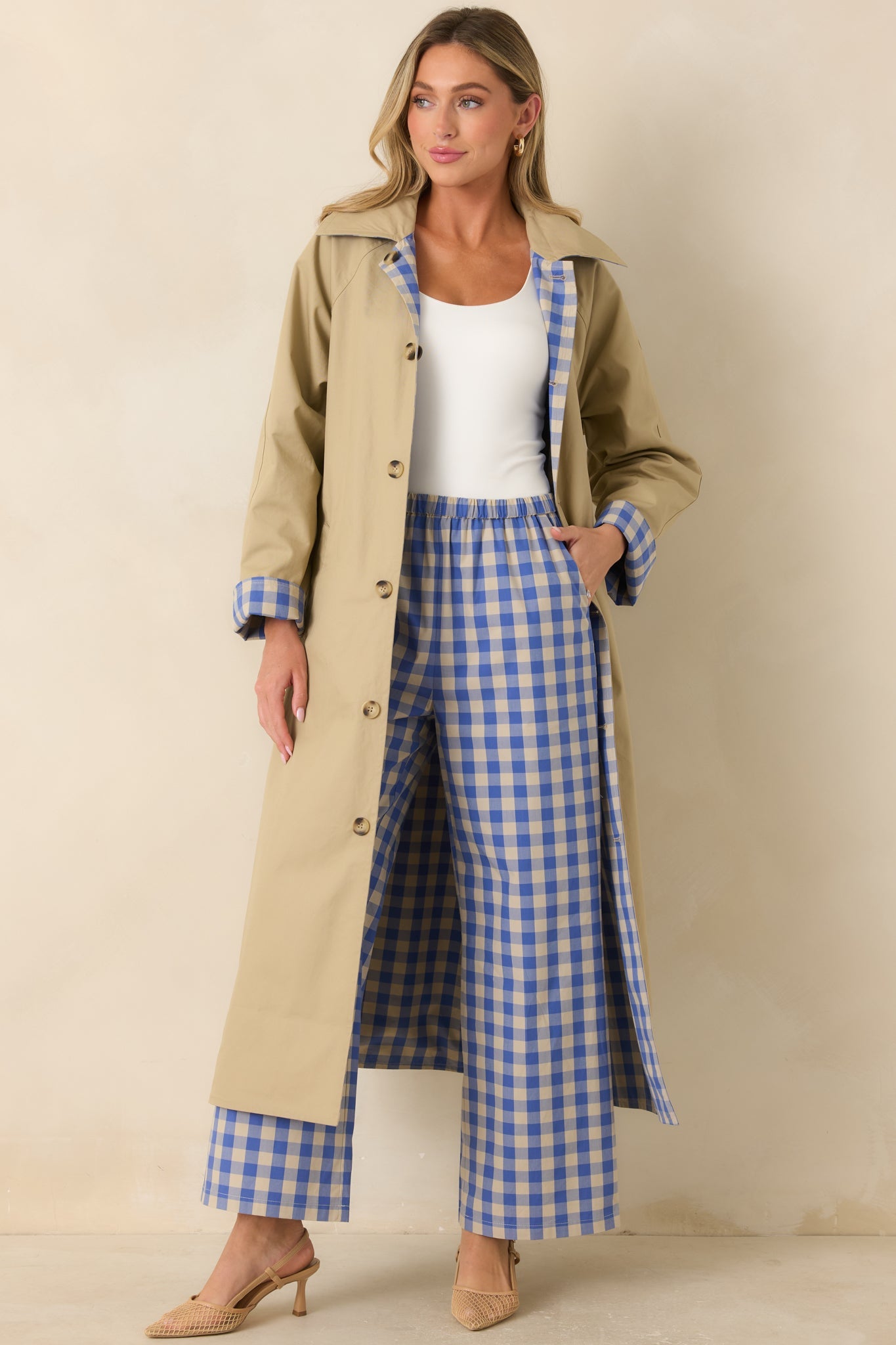 FRNCH Pocahontas Azure Blue Gingham Cotton Reversible Trench Coat