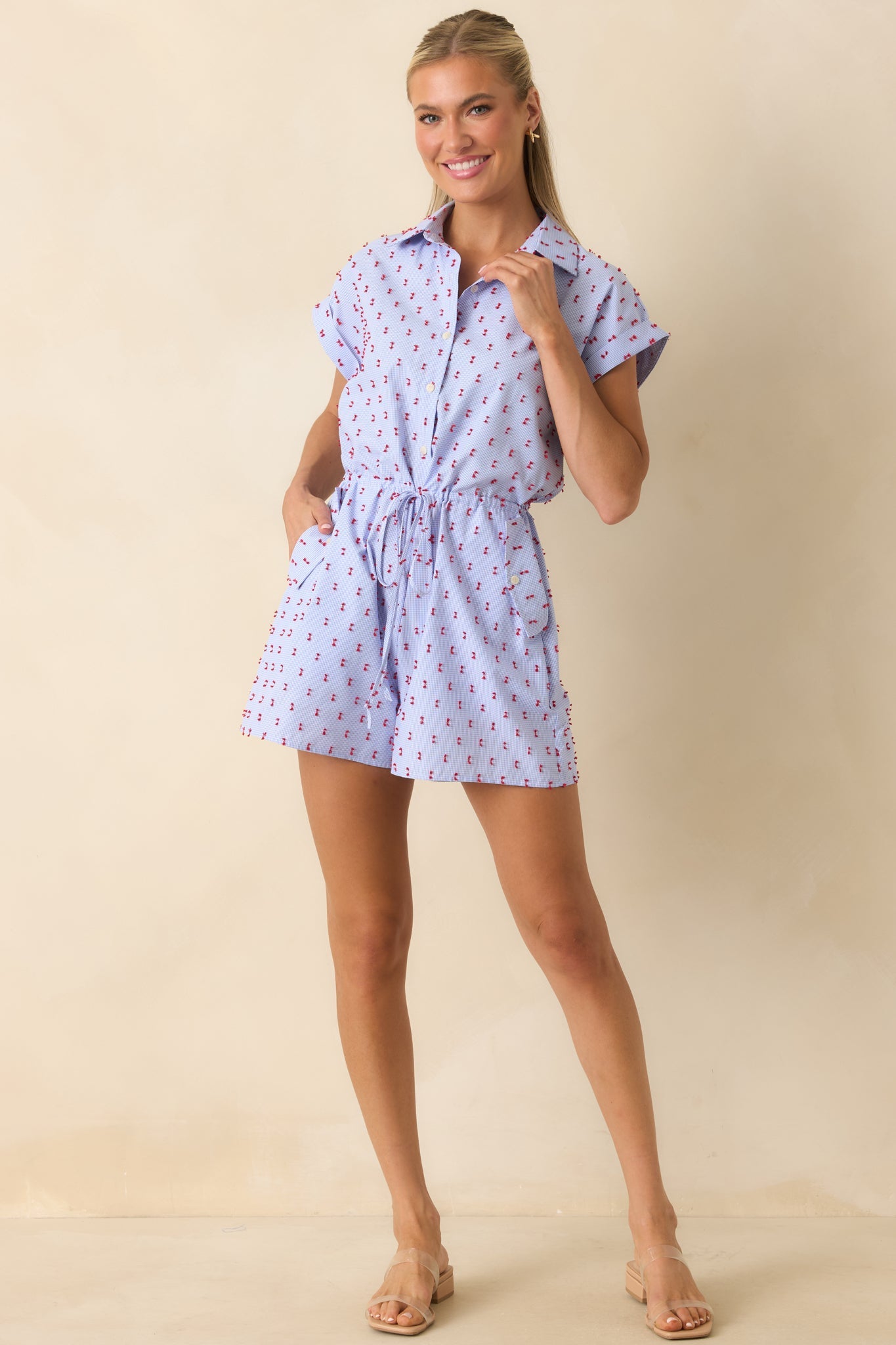 Prosperina Aubrey Blue Gingham Embroidered Romper