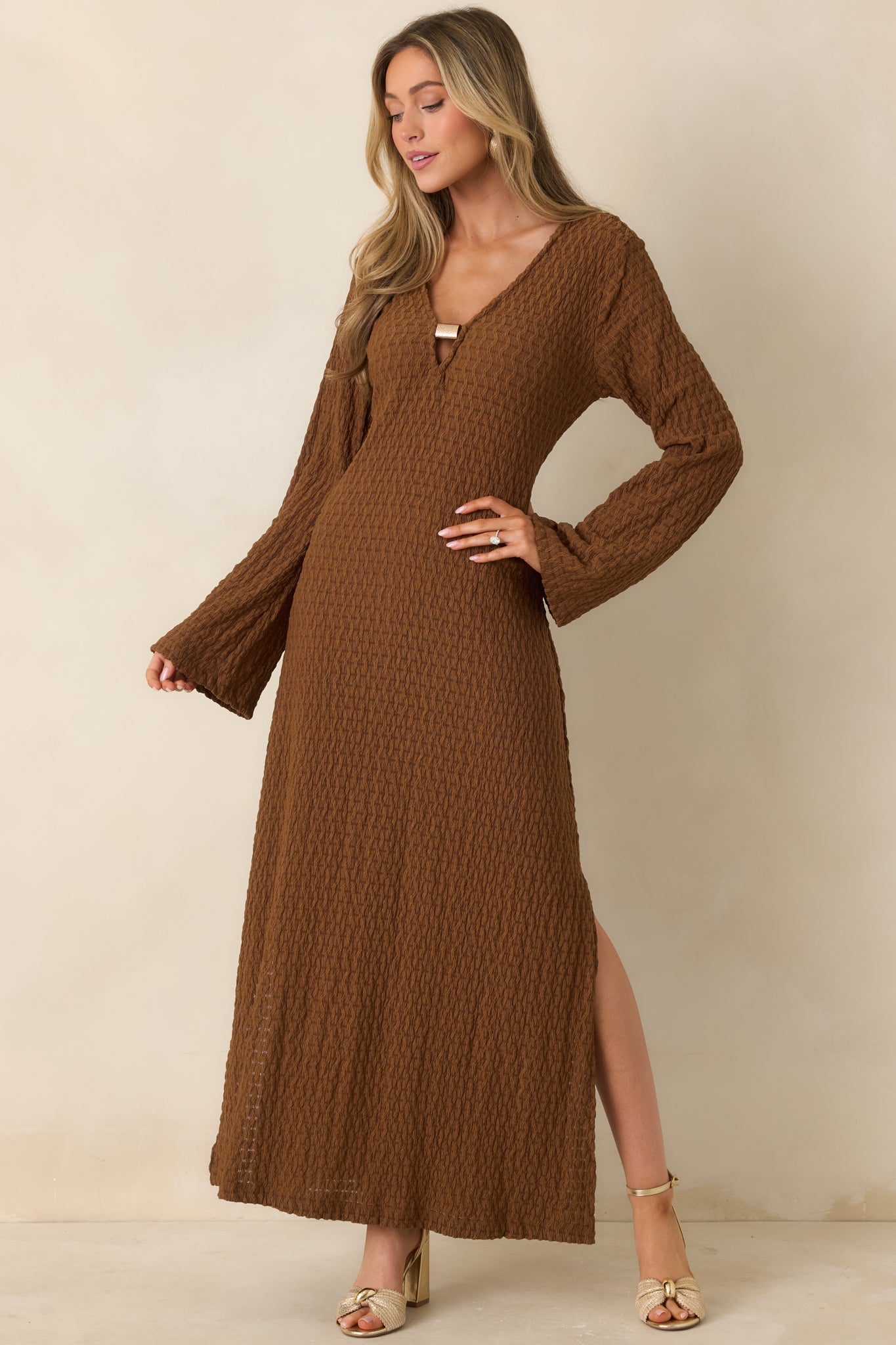 Just a Hint of Glam Brown Textured Semi-Sheer Long Sleeve Maxi Dress