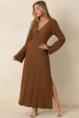 Just a Hint of Glam Brown Textured Semi-Sheer Long Sleeve Maxi Dress