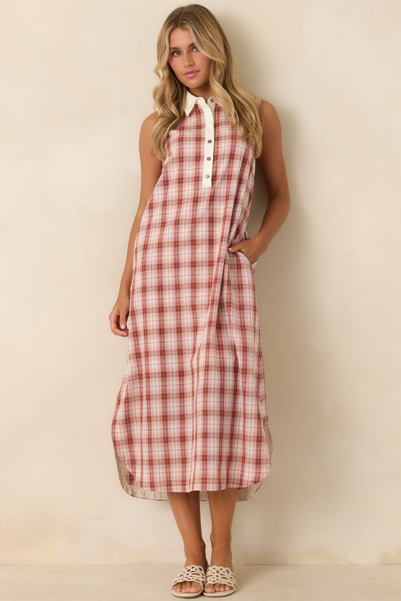 Small Town Story Pink Plaid Cotton Midi Dress