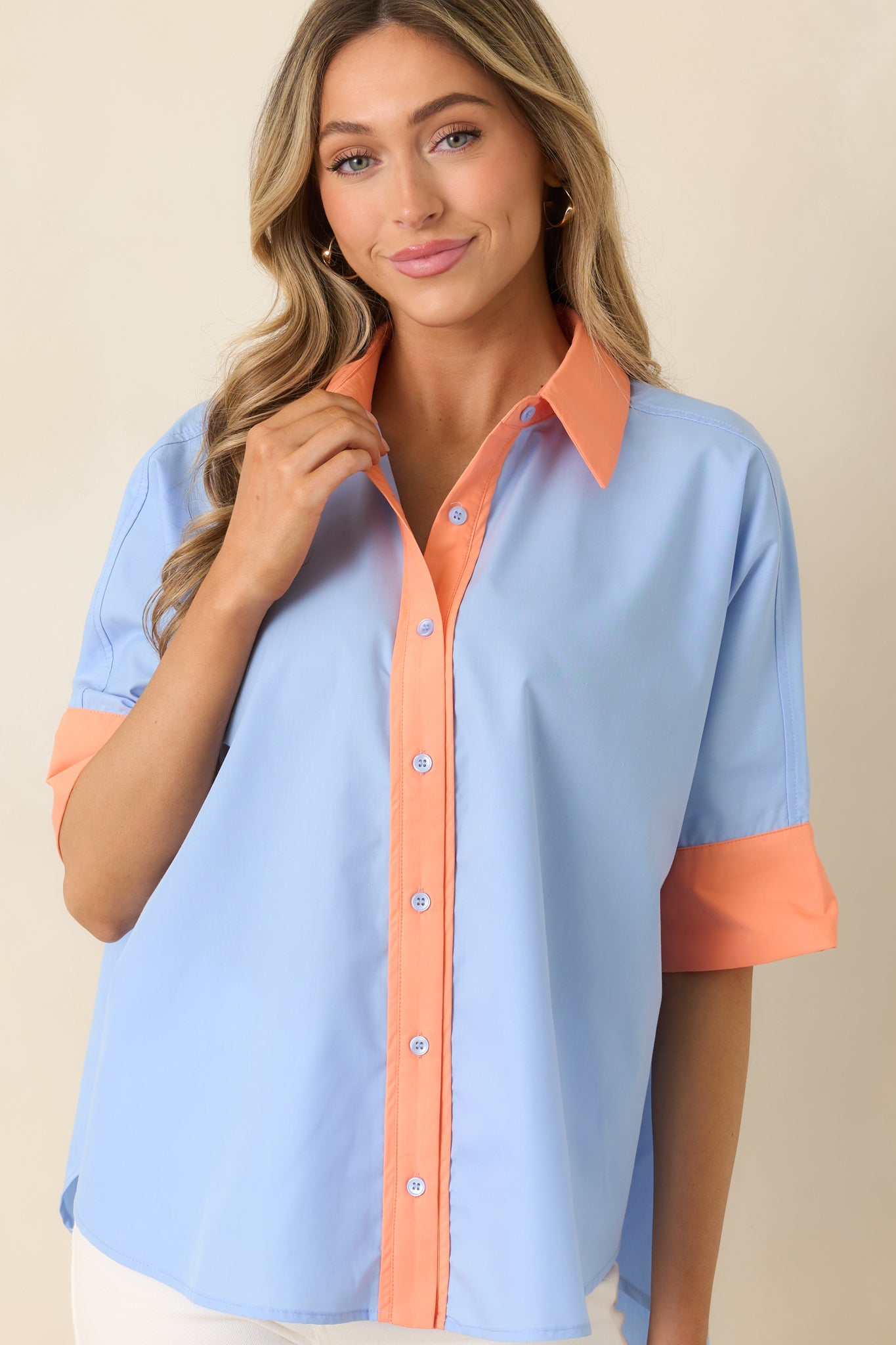 Catch the Vibe Light Blue & Orange Color Block Short Sleeve Shirt