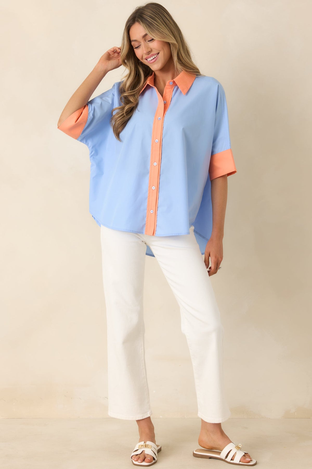 Catch the Vibe Light Blue & Orange Color Block Short Sleeve Shirt