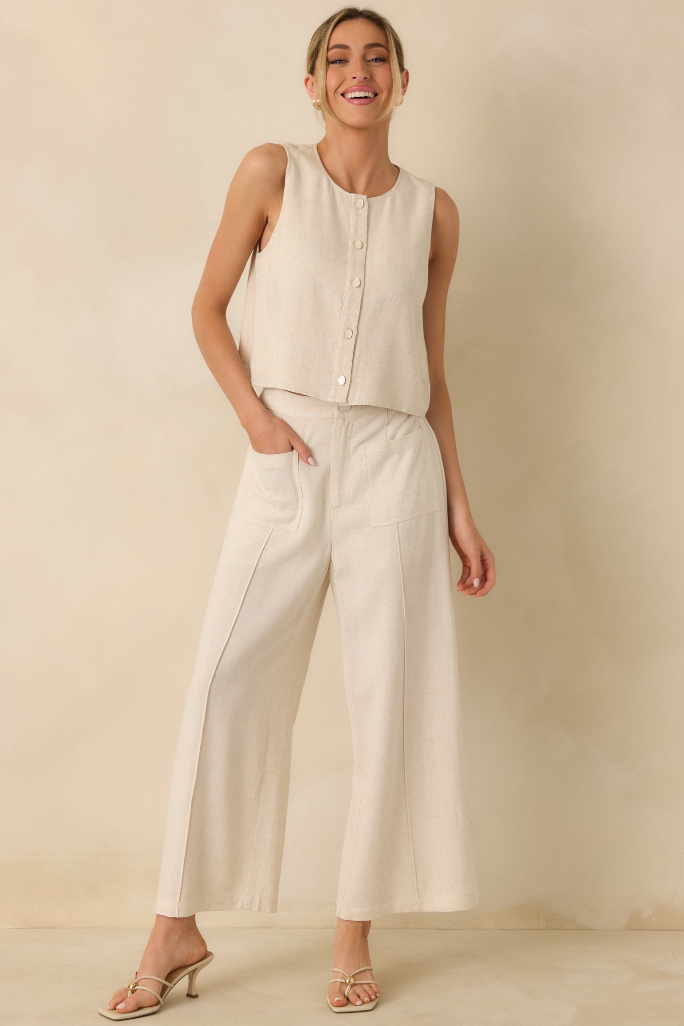 The Right Balance Natural Linen-Blend Sleeveless Button Up Top