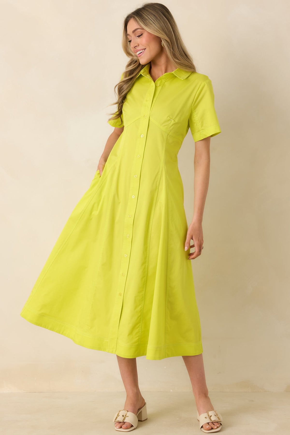 Make It Look Easy Chartreuse Short Sleeve Midi Shirt Dress