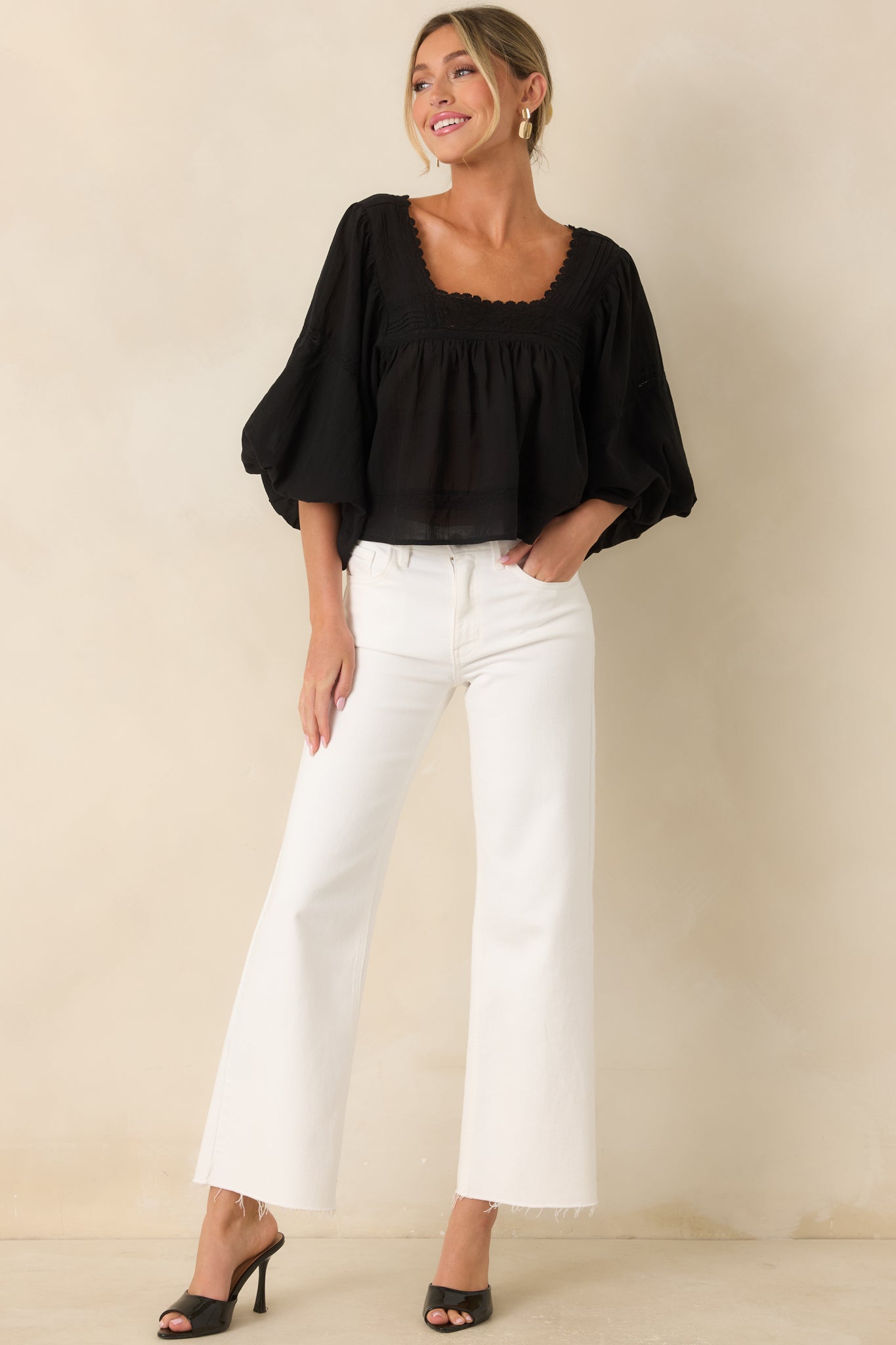 FRNCH Fluvia Black Cotton Puff Sleeve Blouse