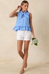 Charm School Blue Cotton Sleeveless Tie Neck Top