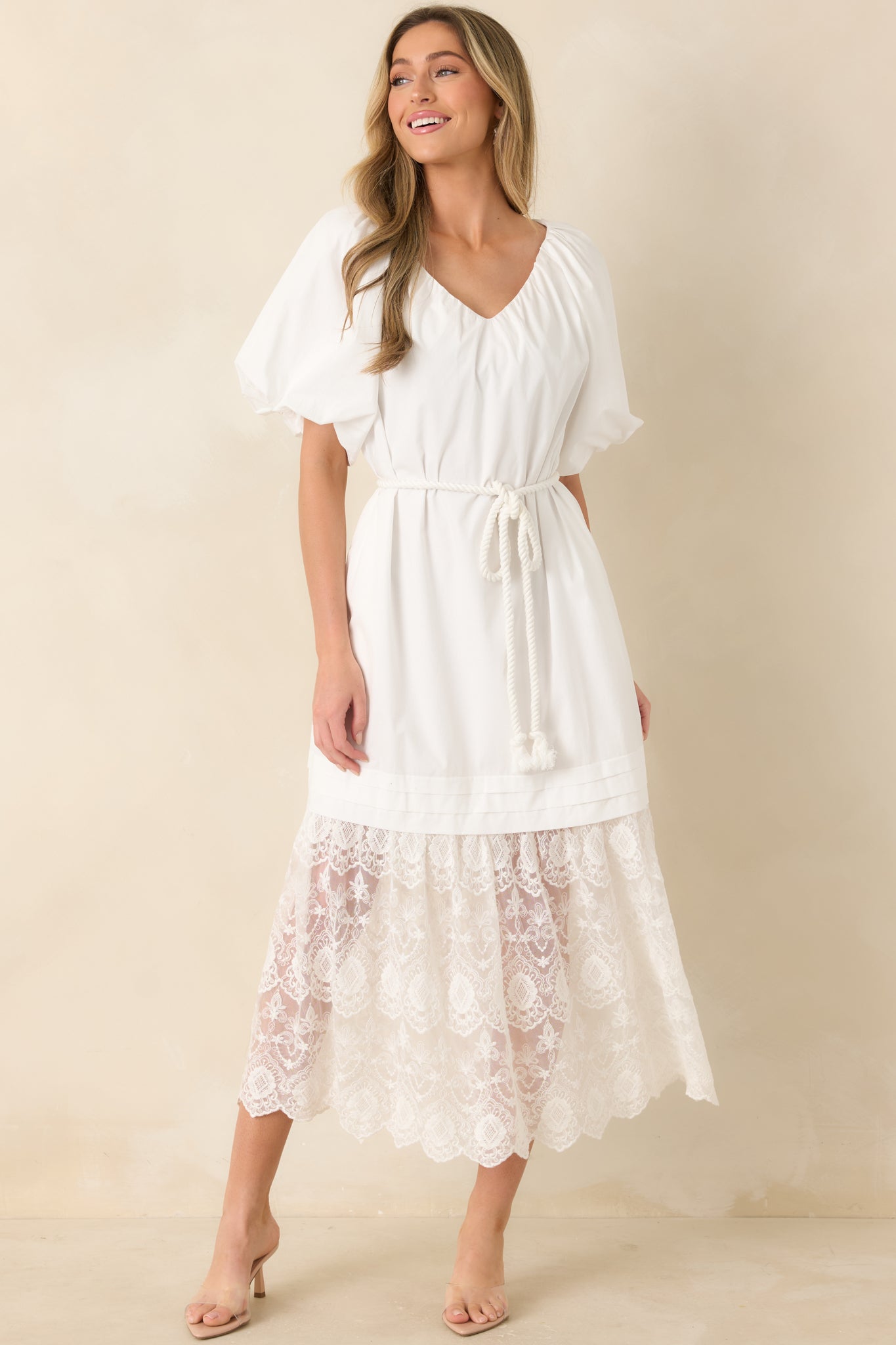 Je T'aime Toujours White Cotton & Gathered Lace Maxi Dress