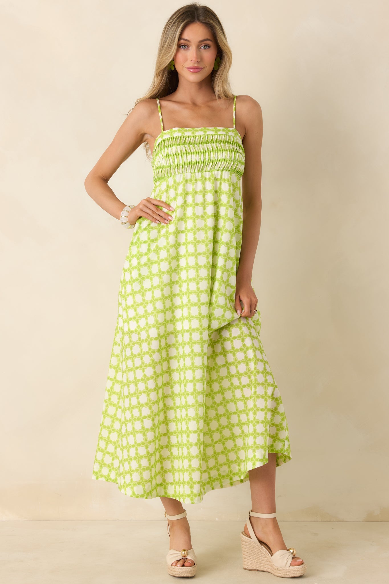 On the Bright Path Chartreuse Green Printed Cotton Midi Dress
