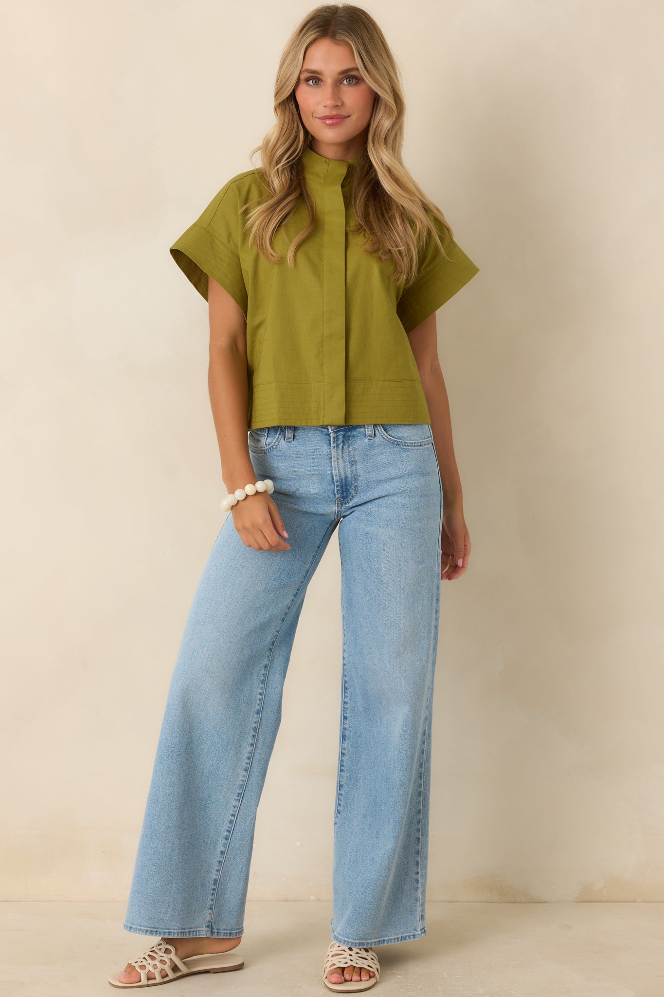 Pretty In Power Olive Green Cotton Linen Button-Front Mock Neck Top
