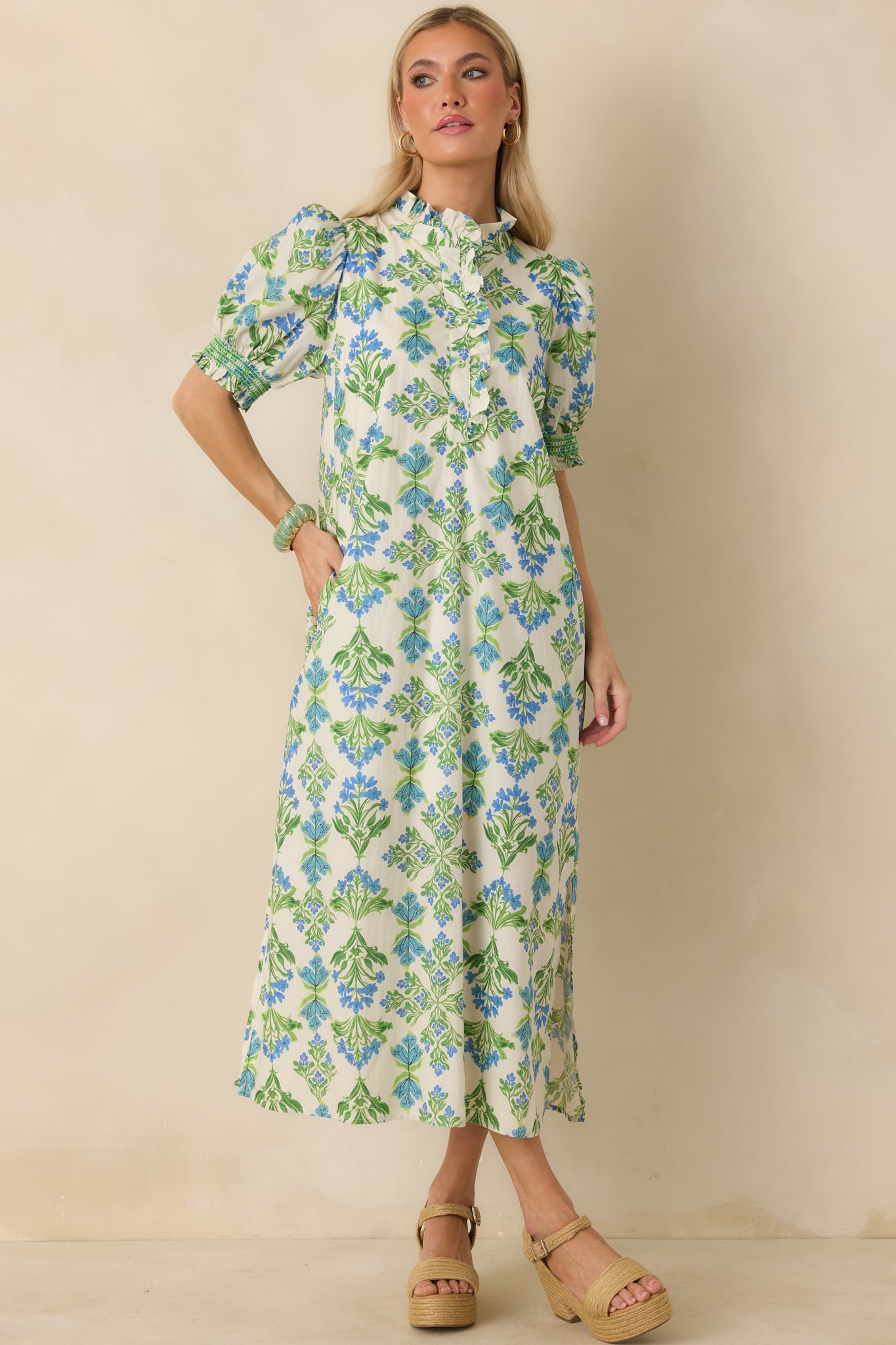 Fresh Fields Ivory Multi Cotton Floral Print Ruffle Neck Maxi Dress
