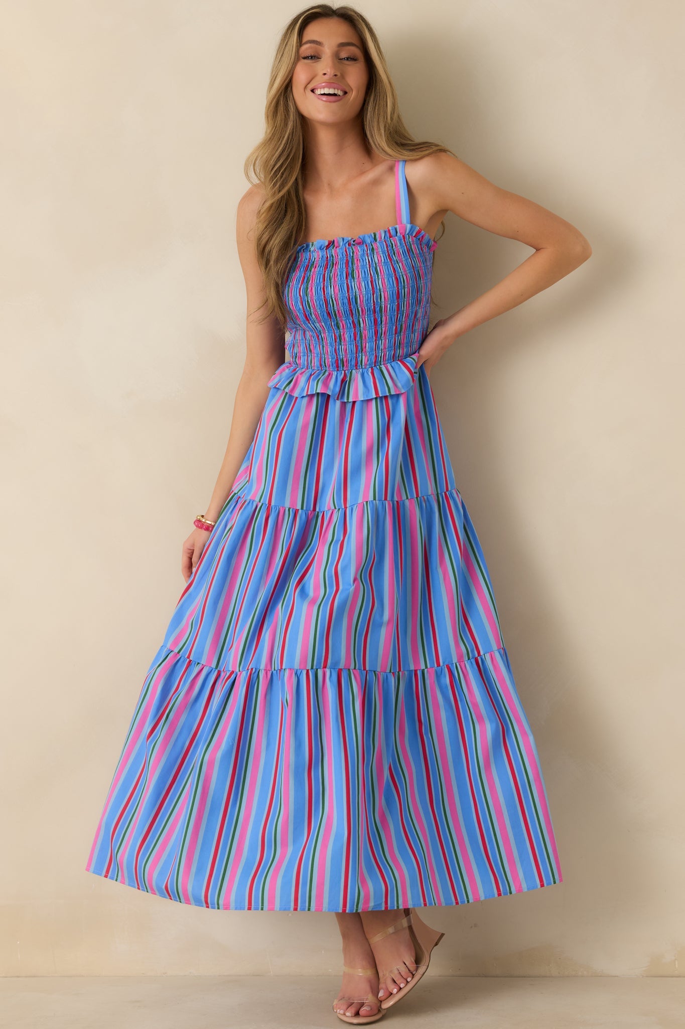 Sunny Side Up Blue Multi Stripe Cotton Smocked Tiered Maxi Dress