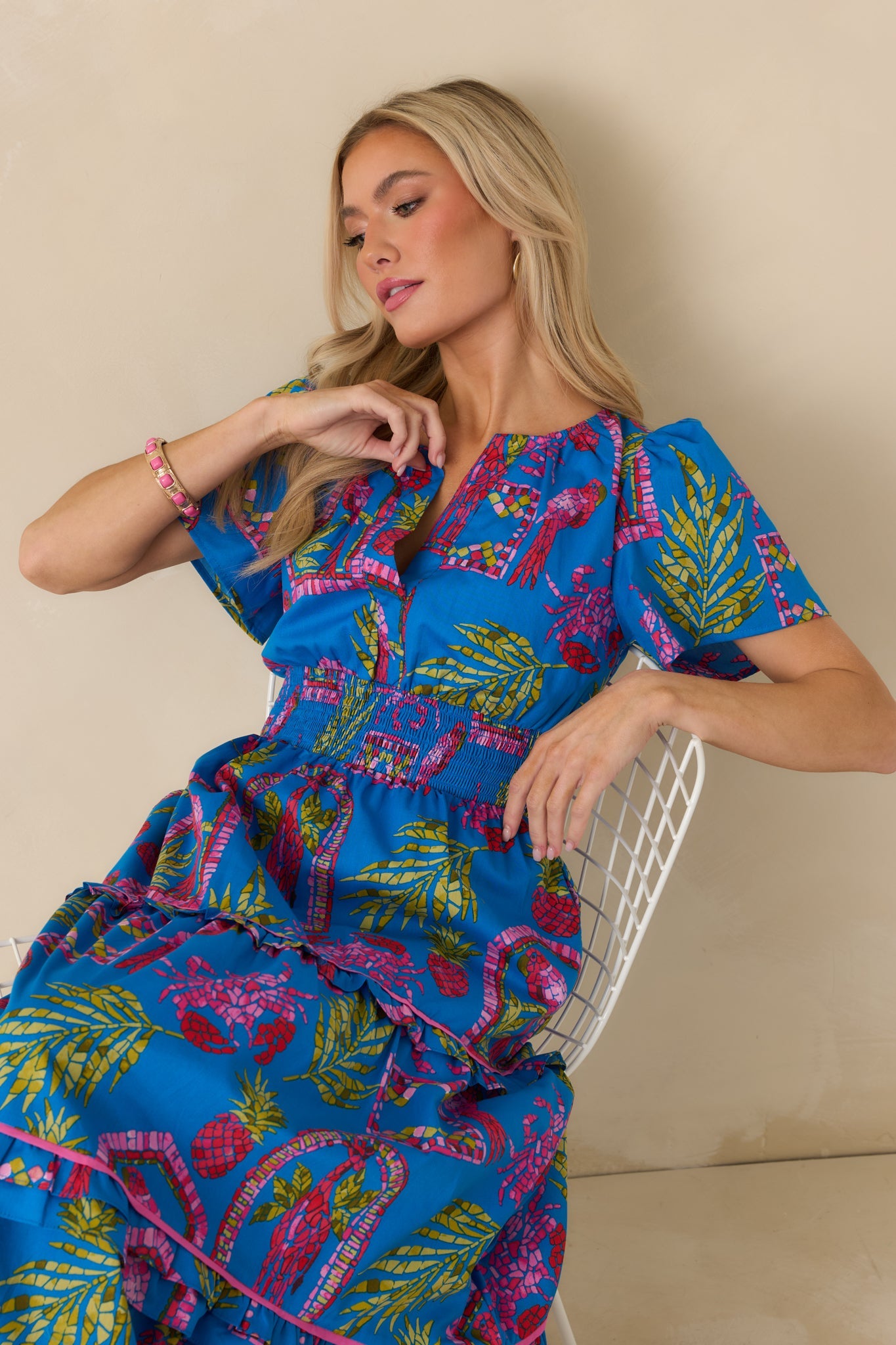Postcards From Paradise Blue Multi Cotton Tropical Mosaic Print Tiered Maxi Dress