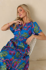 Postcards From Paradise Blue Multi Cotton Tropical Mosaic Print Tiered Maxi Dress