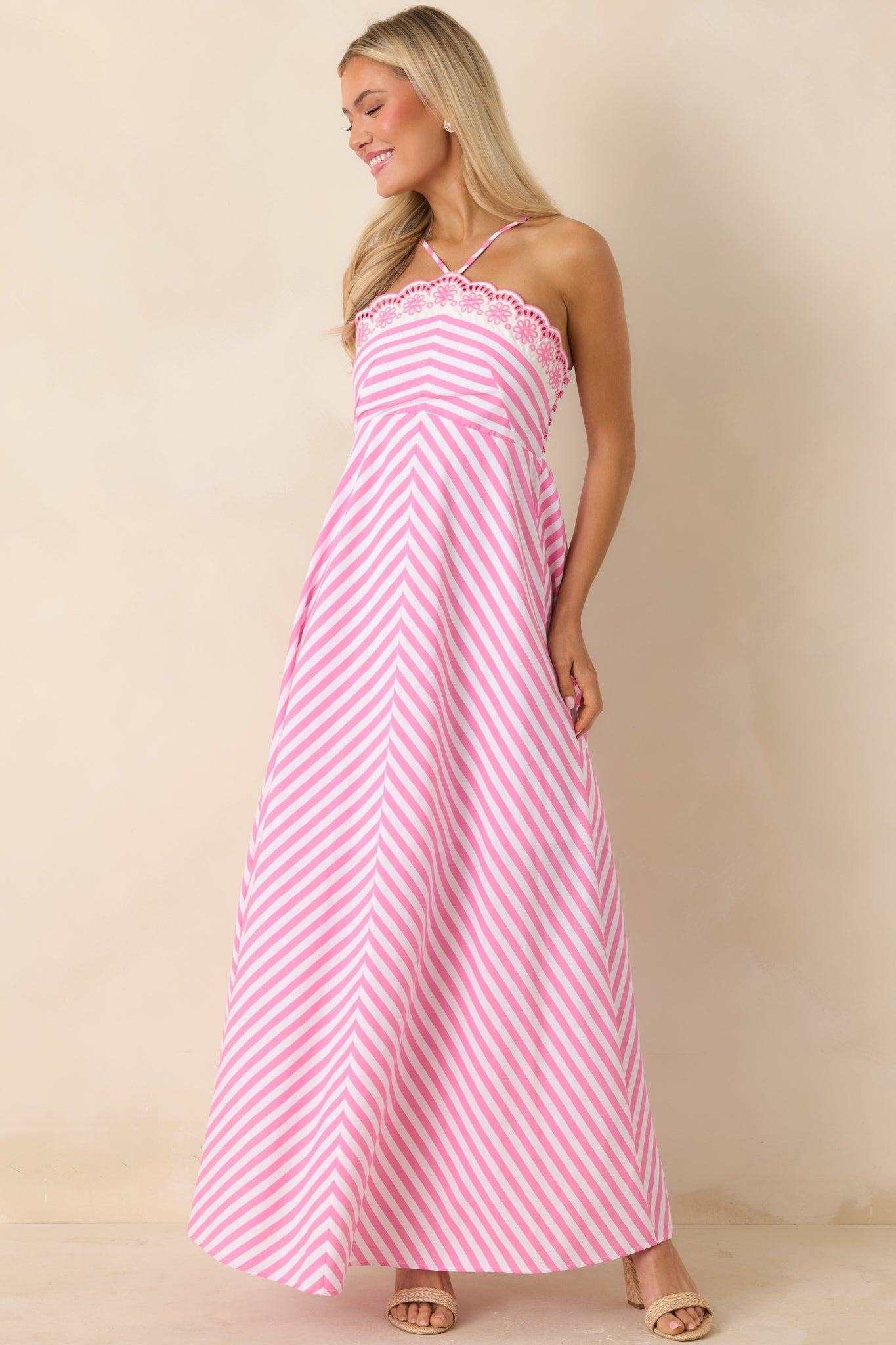 Picnic Pretty Pink Stripe Cotton Floral Hem Halter Maxi Dress