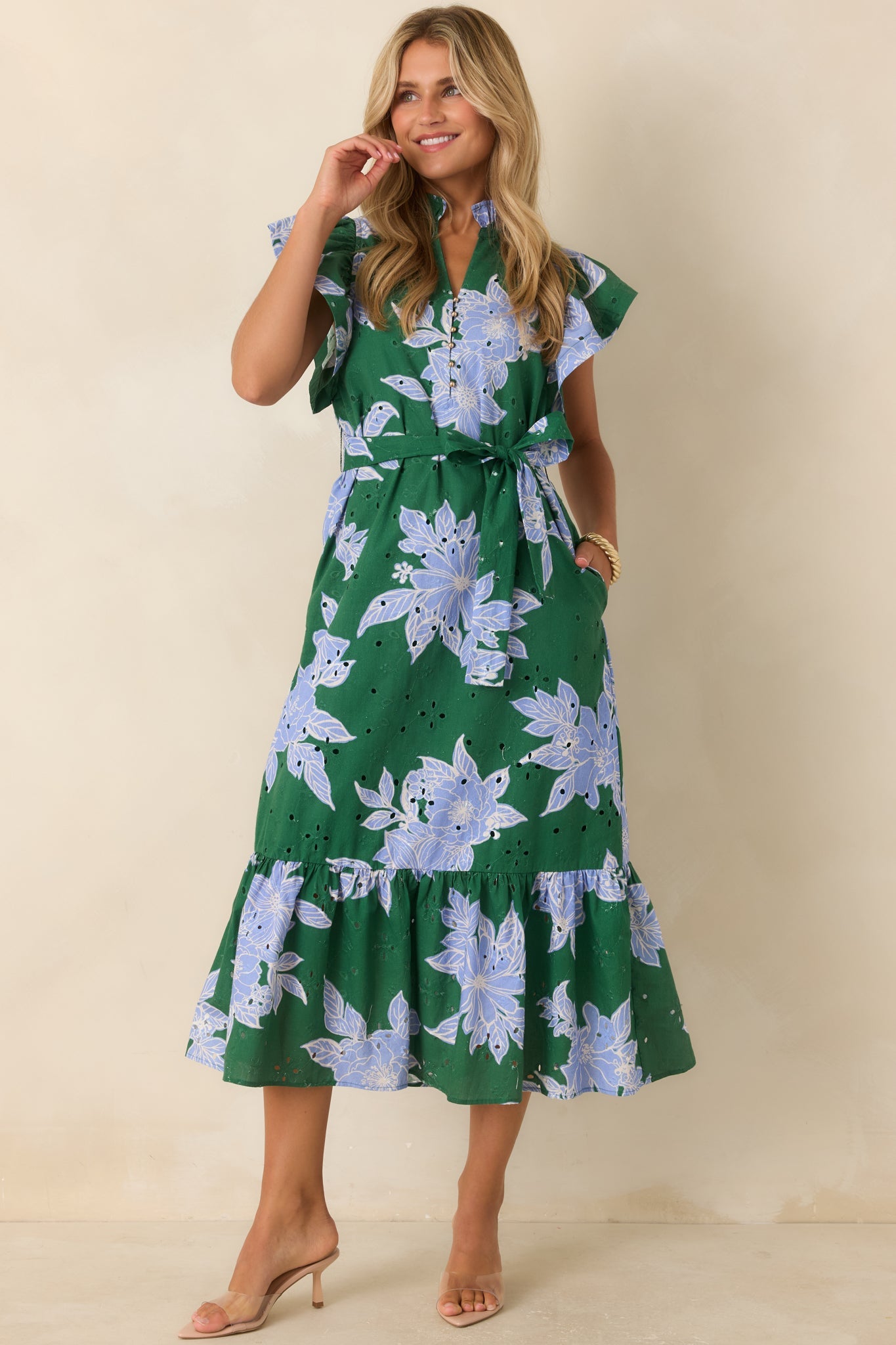 Fresh Air Affair Hunter Green & Blue Floral Cotton Eyelet Midi Dress