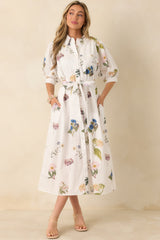 Garden Afternoon Ivory Multi Cotton Floral Print Button Front Belt Tie Midi Dress
