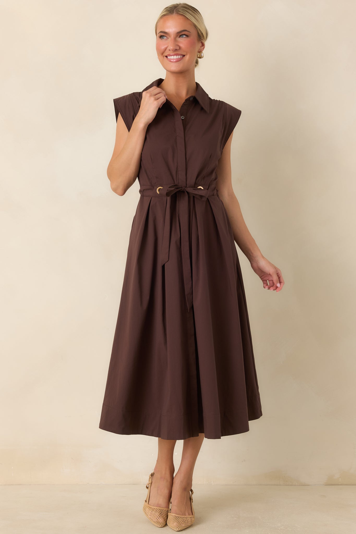 A Better Plan Brown Cotton Poplin Belted Midi Dress