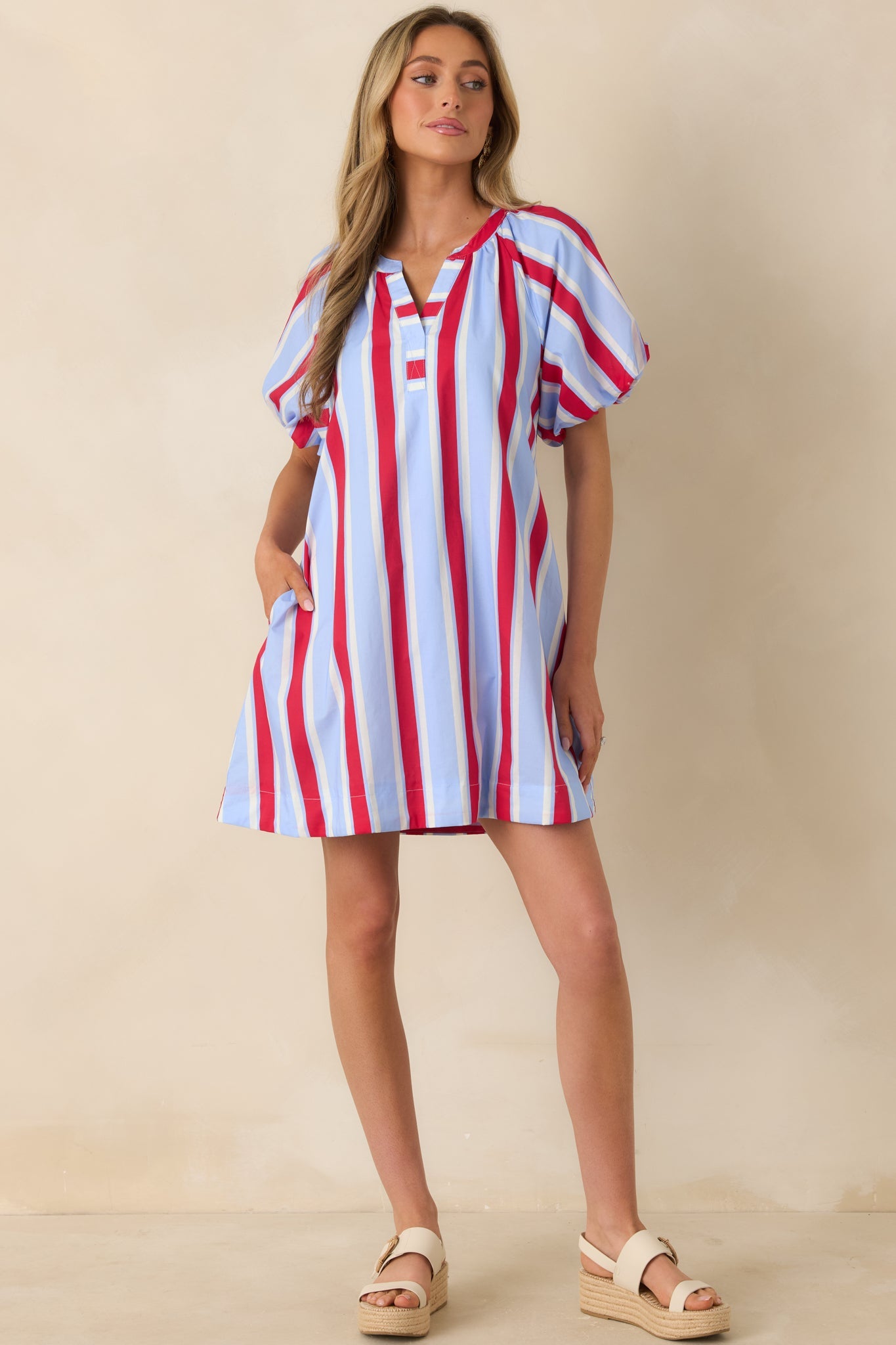 Sweet Summer State Red & Light Blue Stripe Cotton Puff Sleeve Mini Dress