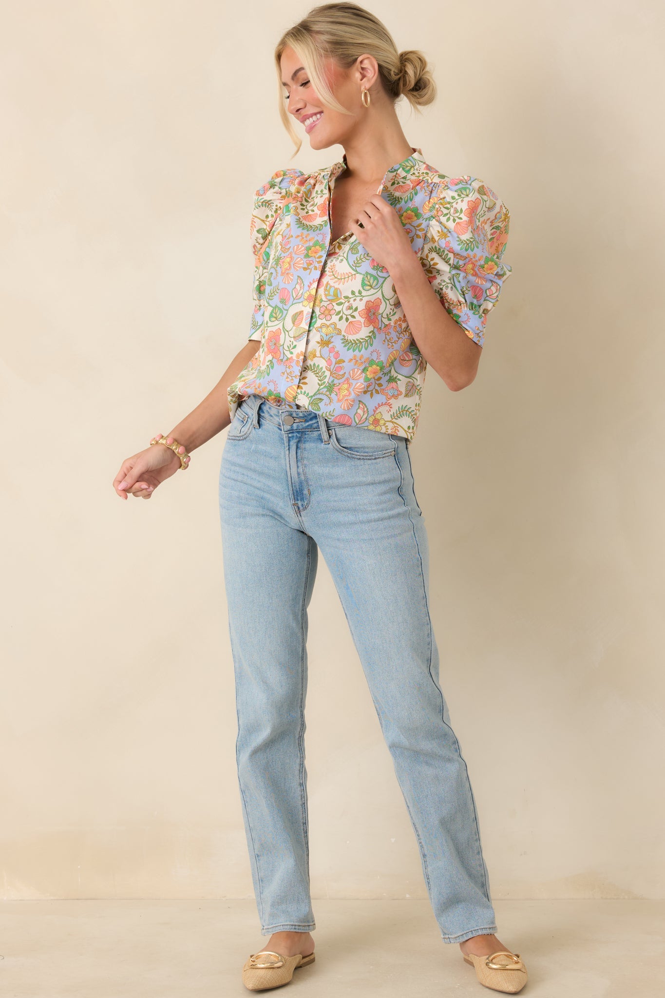 Somebody to Love Ivory Multi Floral Paisley Cotton Puff Sleeve Blouse
